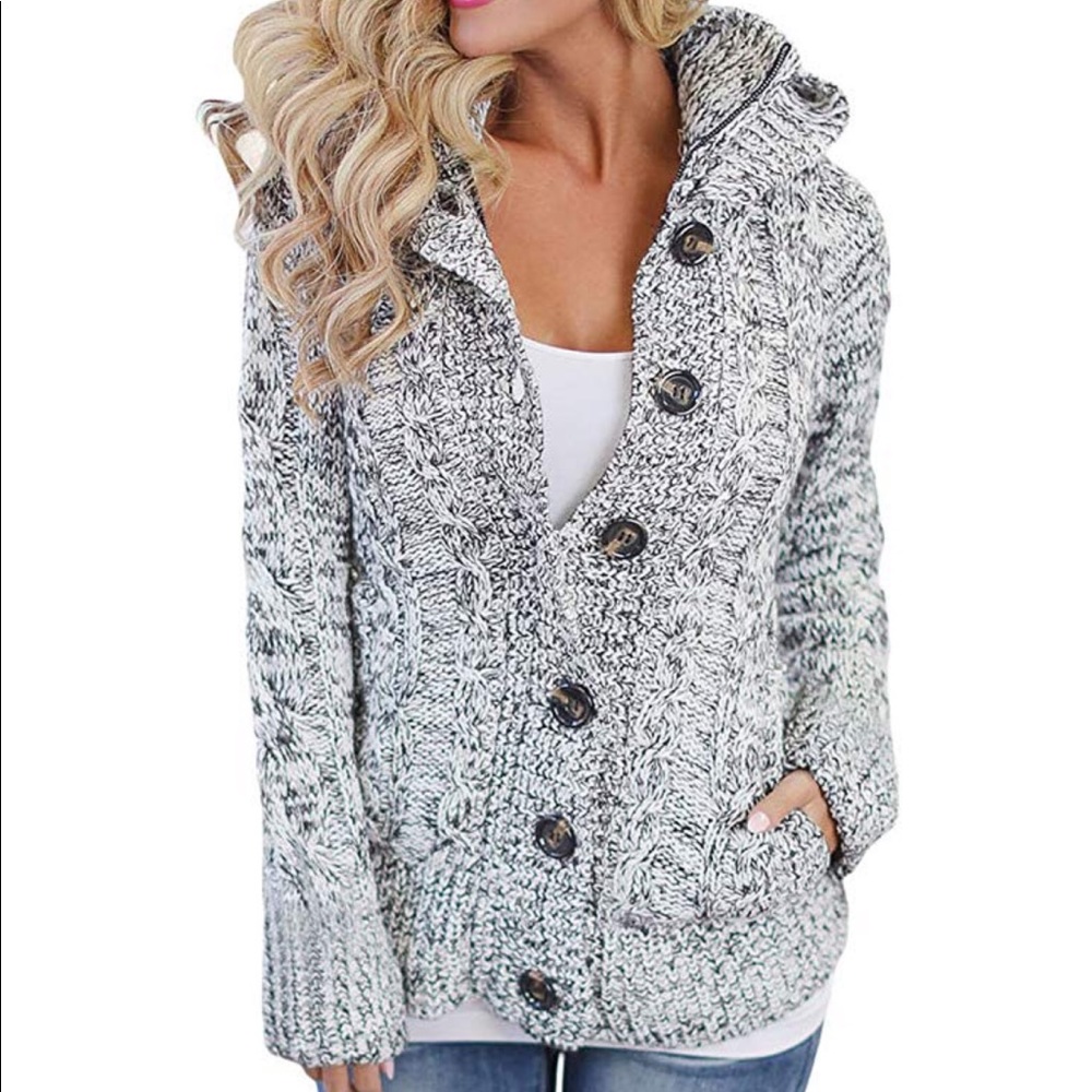 Women’s Hooded Cable Knit Button Down Jacket